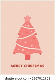 cute pink christmas illustration with christmas tree