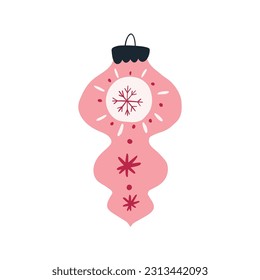 Cute pink Christmas ornament, retro bauble, cartoon flat vector illustration isolated on white background. Vintage Christmas tree decoration. Winter holiday celebration party.