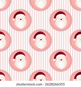 Cute pink Christmas pattern with Santa Claus faces in round frames with pink candy stripes. Festive and playful seamless design.