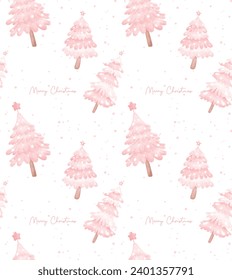 Cute Pink Christmas Pine Trees pattern seamless Watercolor Hand Painting isolated on white background.