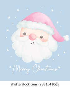 Cute Pink Christmas Santa Claus face watercolor with adorable smiling Santa Claus cartoon character vector illustration.