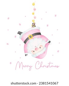 Cute Pink Christmas Santa Claus acuarela con adorable sonriente caricatura de Santa Claus ilustración vectorial.