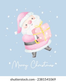 Cute Pink Christmas Santa Claus with gift watercolor with adorable smiling Santa Claus cartoon character vector illustration.