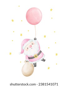 Cute Pink Christmas Santa Claus with balloon watercolor with adorable smiling Santa Claus cartoon character vector illustration.