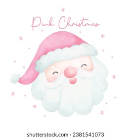 Cute Pink Christmas Santa Claus Face acuarela con adorable sonriente caricatura de Santa Claus ilustración vectorial.