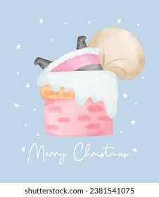 Cute Pink Christmas Santa Claus in Chimney watercolor with adorable smiling Santa Claus cartoon character vector illustration.