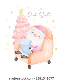 Cute Pink Christmas Santa Claus in Cozy Sofa watercolor with adorable smiling Santa Claus cartoon character vector illustration.