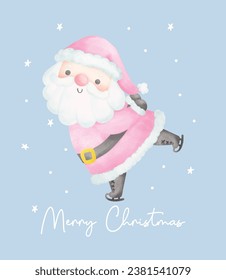 Cute Pink Christmas Santa Claus Skating watercolor with adorable smiling Santa Claus cartoon character vector illustration.