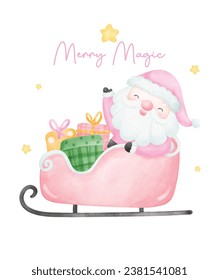 Cute Pink Christmas Santa Claus in sleigh watercolor with adorable smiling Santa Claus cartoon character vector illustration.