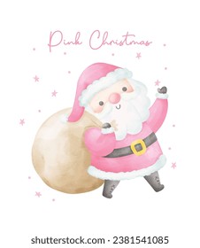 Cute Pink Christmas Santa Claus with Sack watercolor with adorable smiling Santa Claus cartoon character vector illustration.