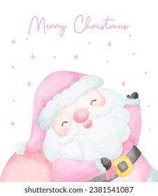 Cute Pink Christmas Santa Claus with Sack watercolor with adorable smiling Santa Claus cartoon character vector illustration.