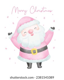 Cute Pink Christmas Santa Claus acuarela con adorable sonriente caricatura de Santa Claus ilustración vectorial.