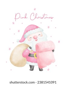 Cute Pink Christmas Santa Claus with name list watercolor with adorable smiling Santa Claus cartoon character vector illustration.