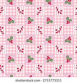 Bonito padrão sem costura de Natal rosa com bengalas de chocolate, bagas holly e cheque de gingham rosa. Fundo de patchwork vetor de férias na moda para berçário, papelaria feminina e papel de embrulho festivo