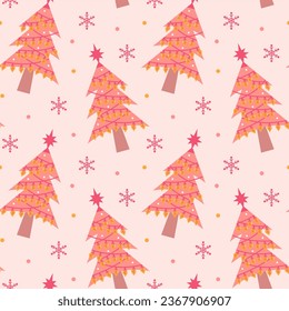 Cute pink christmas tree with garland and snowflakes seamless pattern. Glamour pastel christmas print for wrapping or textile.