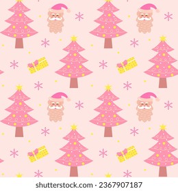 Cute pink christmas tree, gift, santa claus and snowflakes seamless pattern. Glamour pastel christmas print for wrapping or textile.