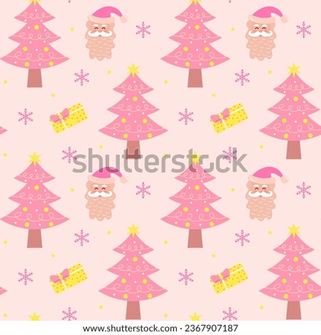 Cute pink christmas tree, gift, santa claus and snowflakes seamless pattern. Glamour pastel christmas print for wrapping or textile.