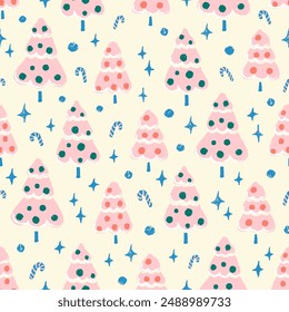 Cute pink Christmas trees with baubles and snow seamless pattern. Holiday season winter forest fun repeat pattern. Hand drawn illustration.