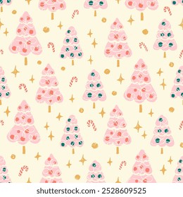Cute pink Christmas trees with red and green baubles seamless pattern with golden stars and red candy canes. Holiday season winter forest fun background. Hand drawn illustration.
