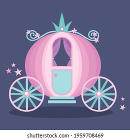 Cute pink cinderella princess carriage with floral decoration and stardust cartoon vector illustration. Medieval kingdom transport. svg