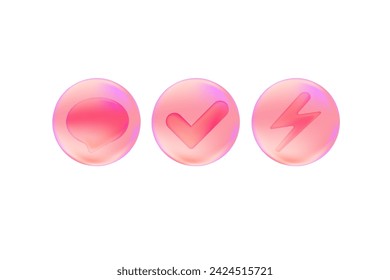 Cute pink circle bubbles icon set with speech bubble, energy lightening bolt, check mark icon. Smooth 3d icons with glow effect, isolated vector illustration.