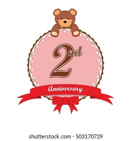 cute pink circle with teddy bear doll and red ribbon 2nd anniversary design for baby, kids, toys shop, dolls shop, business, and event