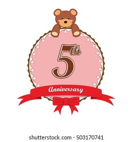 cute pink circle with teddy bear doll and red ribbon 5th anniversary design for baby, kids, toys shop, dolls shop, business, and event