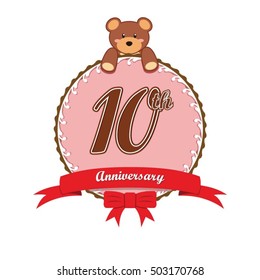 cute pink circle with teddy bear doll and red ribbon 10th anniversary design for baby, kids, toys shop, dolls shop, business, and event