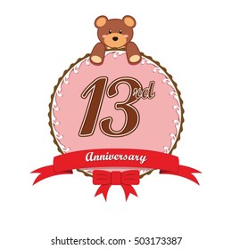 cute pink circle with teddy bear doll and red ribbon 13rd anniversary design for baby, kids, toys shop, dolls shop, business, and event