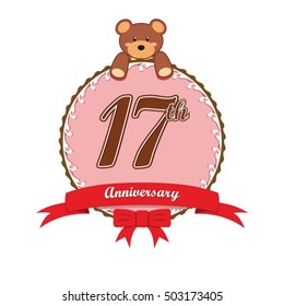 cute pink circle with teddy bear doll and red ribbon 17th anniversary design for baby, kids, toys shop, dolls shop, business, and event