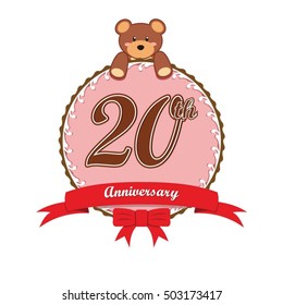 cute pink circle with teddy bear doll and red ribbon 20th anniversary design for baby, kids, toys shop, dolls shop, business, and event