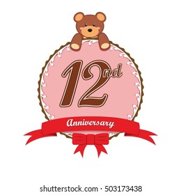 cute pink circle with teddy bear doll and red ribbon 12nd anniversary design for baby, kids, toys shop, dolls shop, business, and event