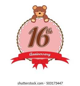 cute pink circle with teddy bear doll and red ribbon 16th anniversary design for baby, kids, toys shop, dolls shop, business, and event
