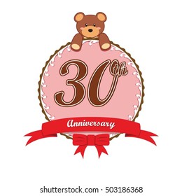 cute pink circle with teddy bear doll and red ribbon 30th anniversary design for baby, kids, toys shop, dolls shop, business, and event