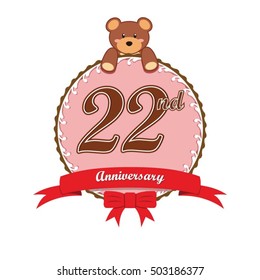cute pink circle with teddy bear doll and red ribbon 22nd anniversary design for baby, kids, toys shop, dolls shop, business, and event