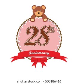 cute pink circle with teddy bear doll and red ribbon 28th anniversary design for baby, kids, toys shop, dolls shop, business, and event