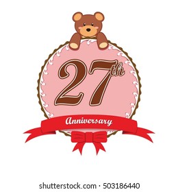 cute pink circle with teddy bear doll and red ribbon 27th anniversary design for baby, kids, toys shop, dolls shop, business, and event