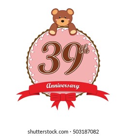 cute pink circle with teddy bear doll and red ribbon 39th anniversary design for baby, kids, toys shop, dolls shop, business, and event