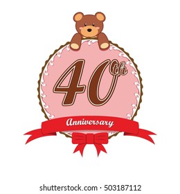 cute pink circle with teddy bear doll and red ribbon 40th anniversary design for baby, kids, toys shop, dolls shop, business, and event