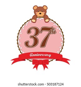 cute pink circle with teddy bear doll and red ribbon 37th anniversary design for baby, kids, toys shop, dolls shop, business, and event