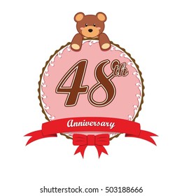 cute pink circle with teddy bear doll and red ribbon 48th anniversary design for baby, kids, toys shop, dolls shop, business, and event