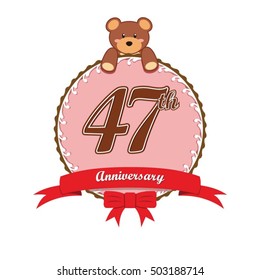 cute pink circle with teddy bear doll and red ribbon 47th anniversary design for baby, kids, toys shop, dolls shop, business, and event