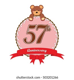 cute pink circle with teddy bear doll and red ribbon 57th anniversary design for baby, kids, toys shop, dolls shop, business, and event
