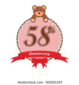 cute pink circle with teddy bear doll and red ribbon 58th anniversary design for baby, kids, toys shop, dolls shop, business, and event