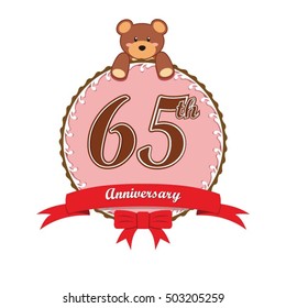 cute pink circle with teddy bear doll and red ribbon 65th anniversary design for baby, kids, toys shop, dolls shop, business, and event