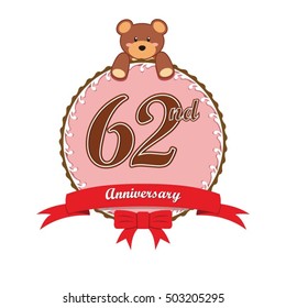 cute pink circle with teddy bear doll and red ribbon 62nd anniversary design for baby, kids, toys shop, dolls shop, business, and event