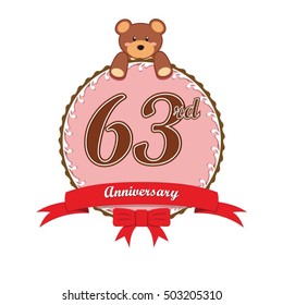 cute pink circle with teddy bear doll and red ribbon 63rd anniversary design for baby, kids, toys shop, dolls shop, business, and event