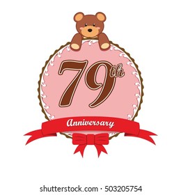 cute pink circle with teddy bear doll and red ribbon 79th anniversary design for baby, kids, toys shop, dolls shop, business, and event