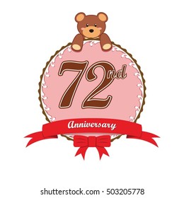 cute pink circle with teddy bear doll and red ribbon 72nd anniversary design for baby, kids, toys shop, dolls shop, business, and event