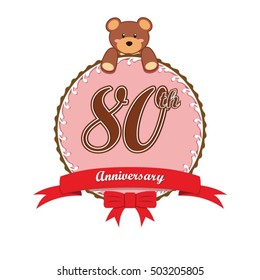cute pink circle with teddy bear doll and red ribbon 80th anniversary design for baby, kids, toys shop, dolls shop, business, and event